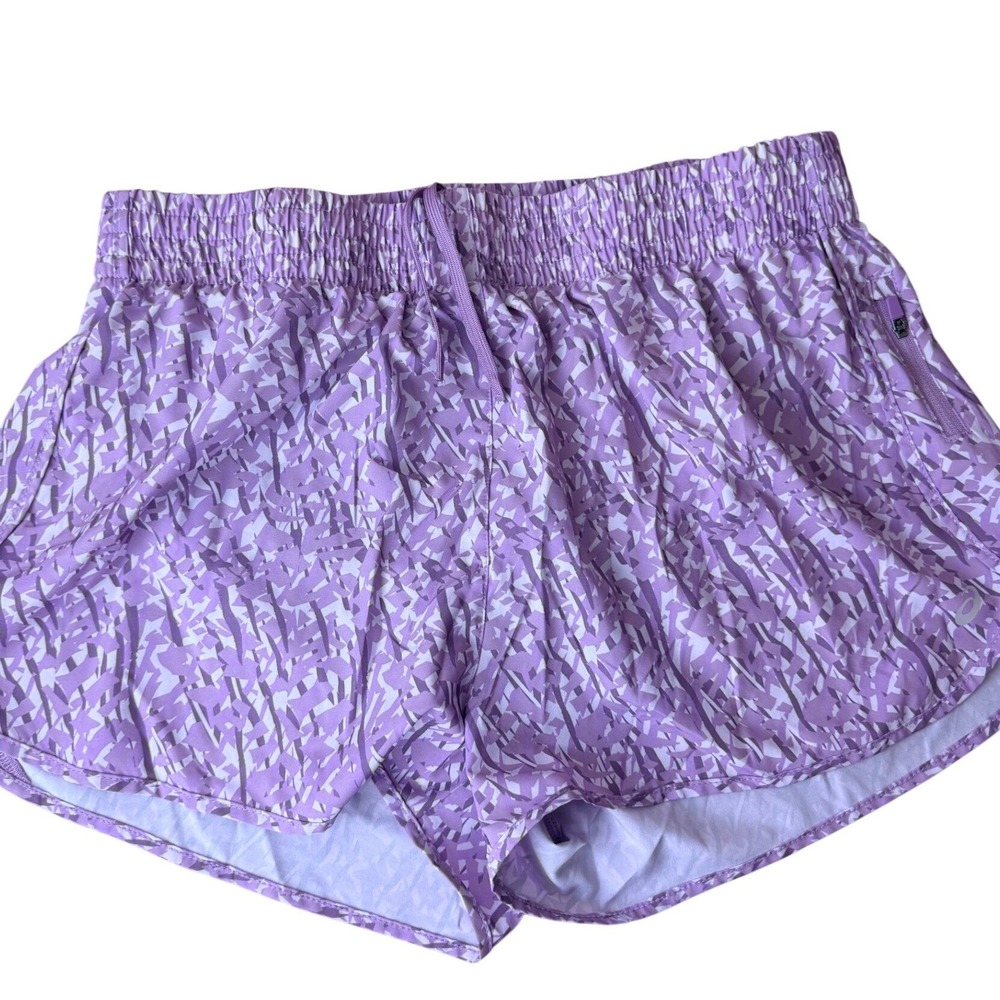 ASICS Womens Purple Abstract Print Running Shorts Size L ACSH2005WS5 Zip Pocket